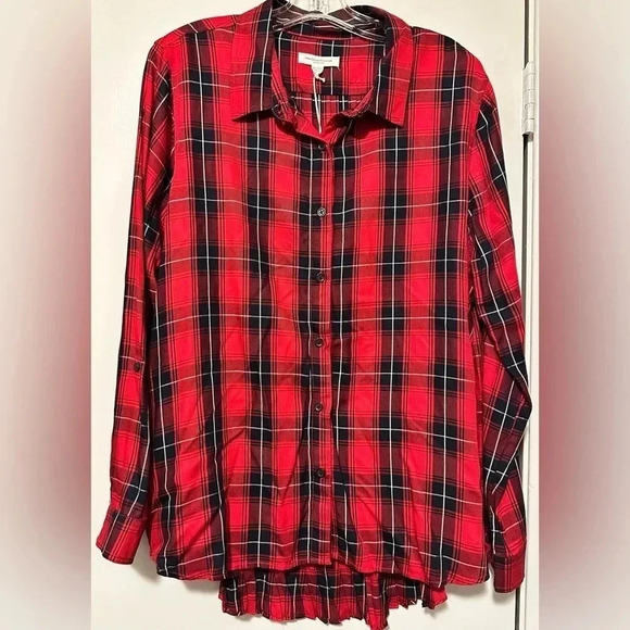 NWT Beachlunchlounge red black plaid oversized button up size XL - Picture 1 of 7